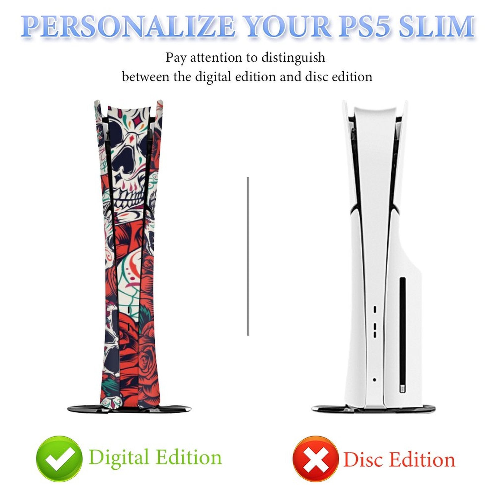 Gamer Wraps "Sugar Skull and Roses" Sticker Set for PS5 Slim Controller and Console (Digital Edition)